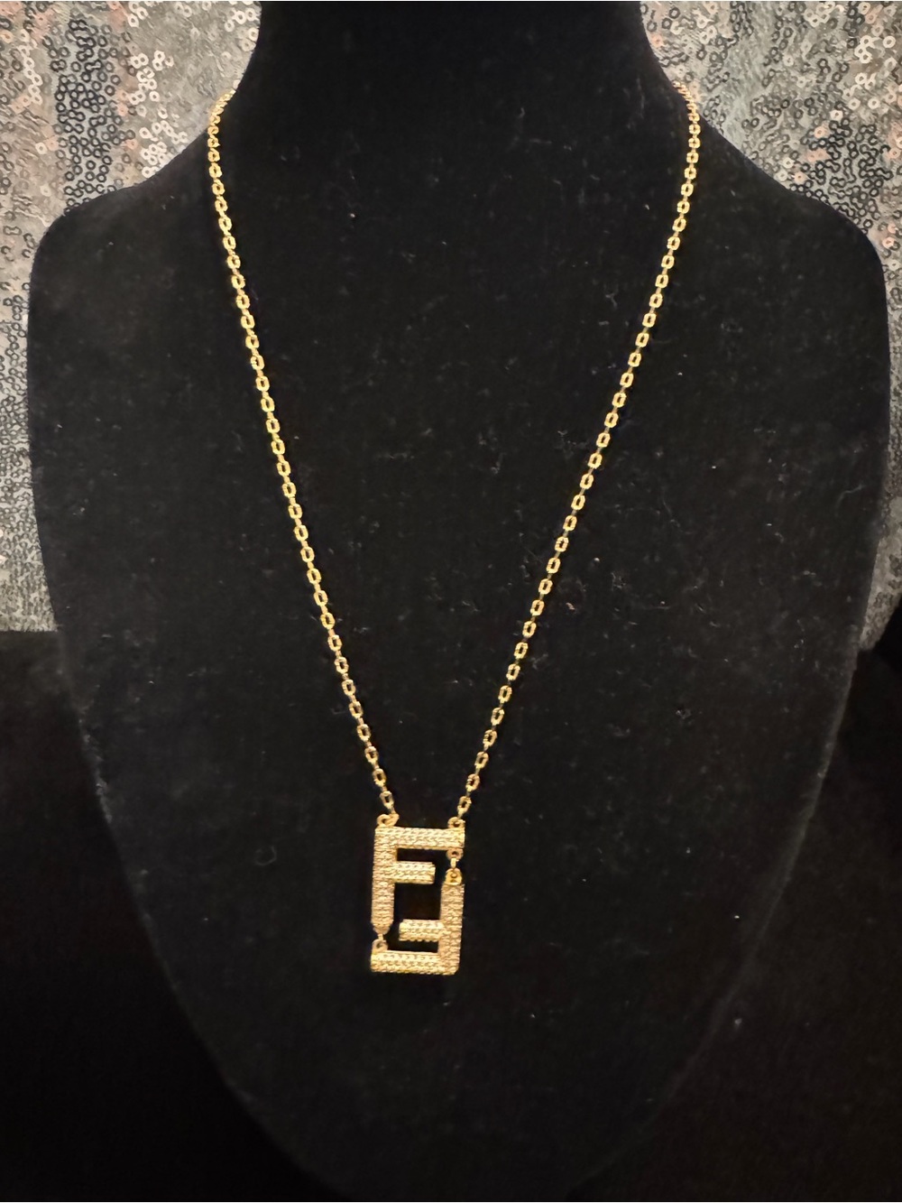 Fendi FF Gold Pavé Initial Pendant Necklace